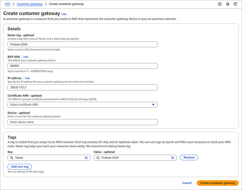 Screenshot of AWS, Create Customer Gateway